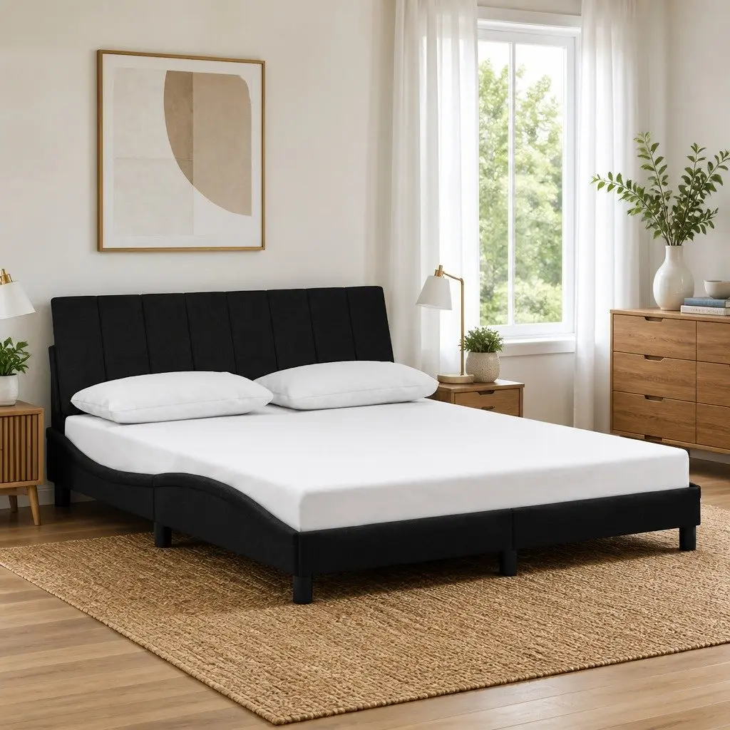 Queen Bed Frame with Black Velvet Upholstered Headboard