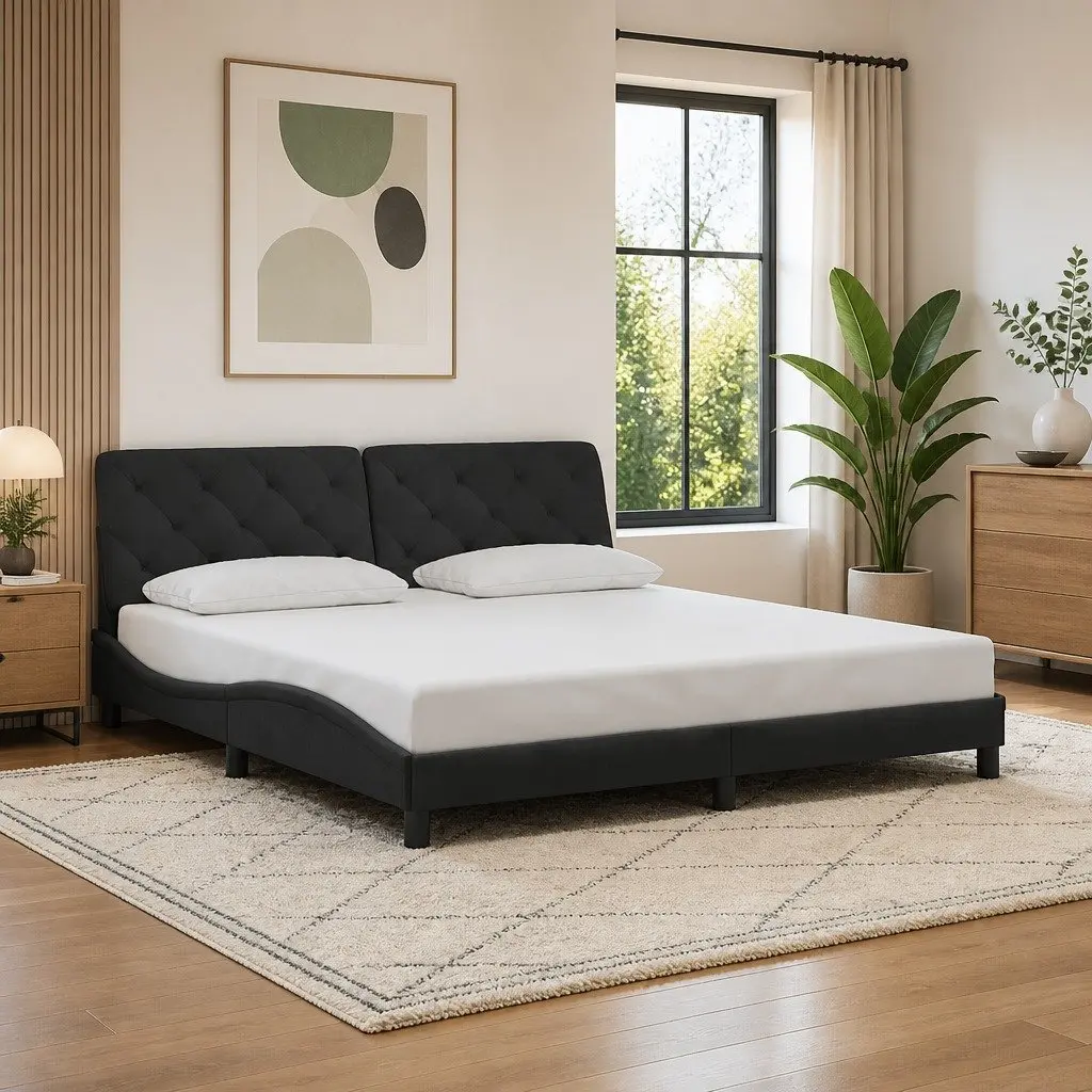 Black Velvet Bed Frame with Upholstered Headboard