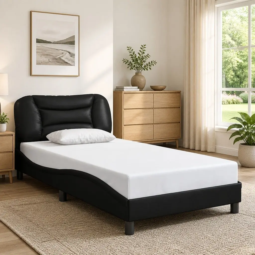 King Single Bed Frame with Black Faux Leather Headboard