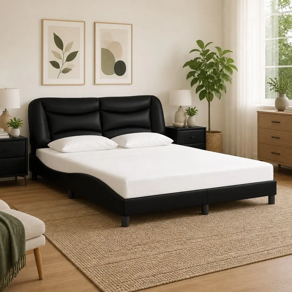 Black Faux Leather Queen Bed Frame with Padded Headboard