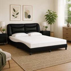 Black Faux Leather Queen Bed Frame with Padded Headboard