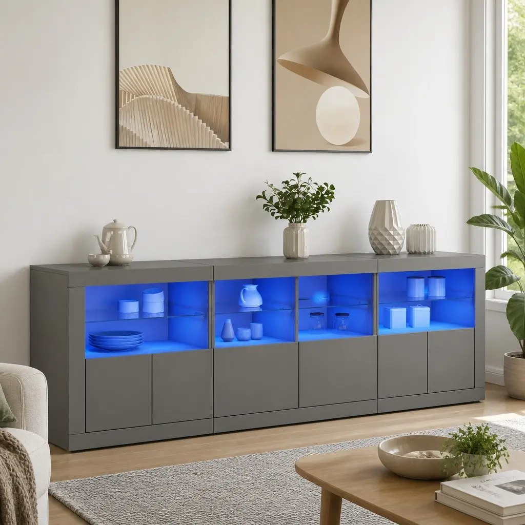 Sideboard Cabinet Modern White RGB LED Lights Storage 202x37x67cm Engineered Wood