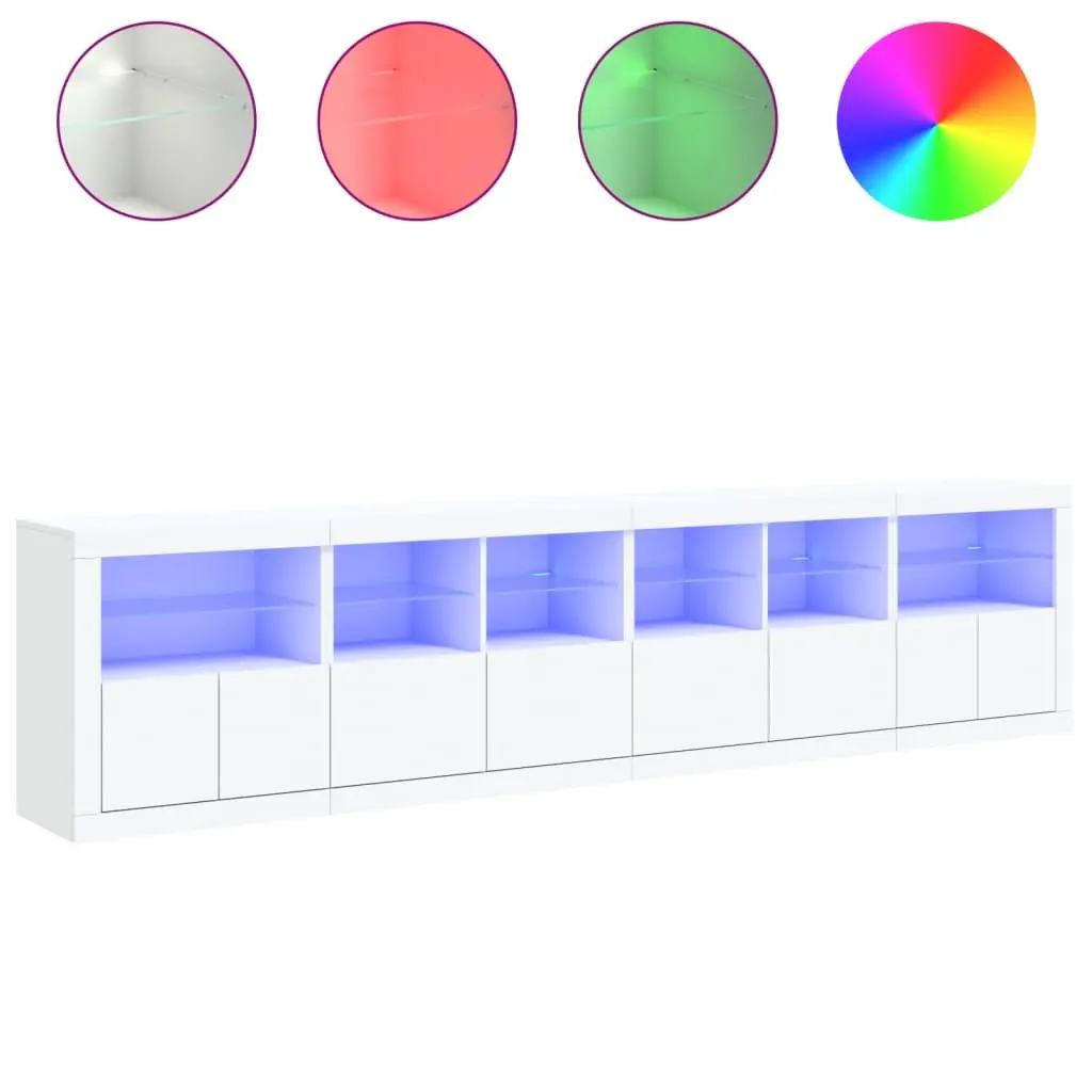 White Sideboard Modern Storage Cabinet RGB LED Lights Engineered Wood 283x37x67 cm