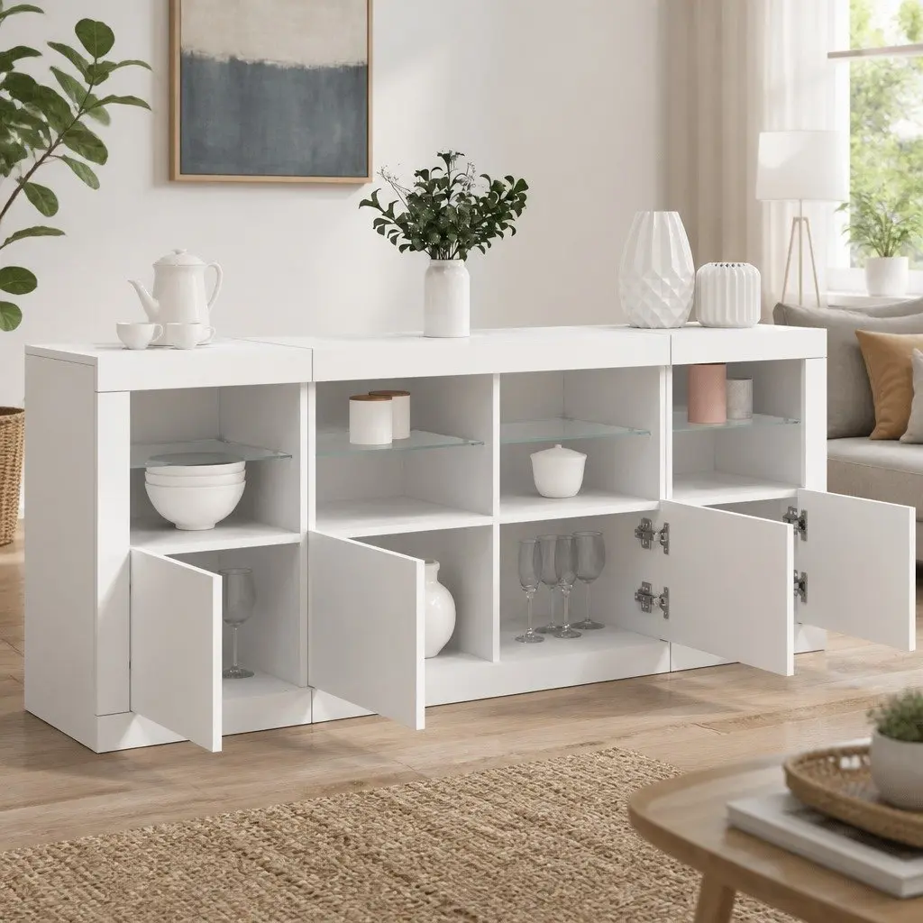 White Sideboard Modern RGB LED Lights 163x37x67cm Engineered Wood