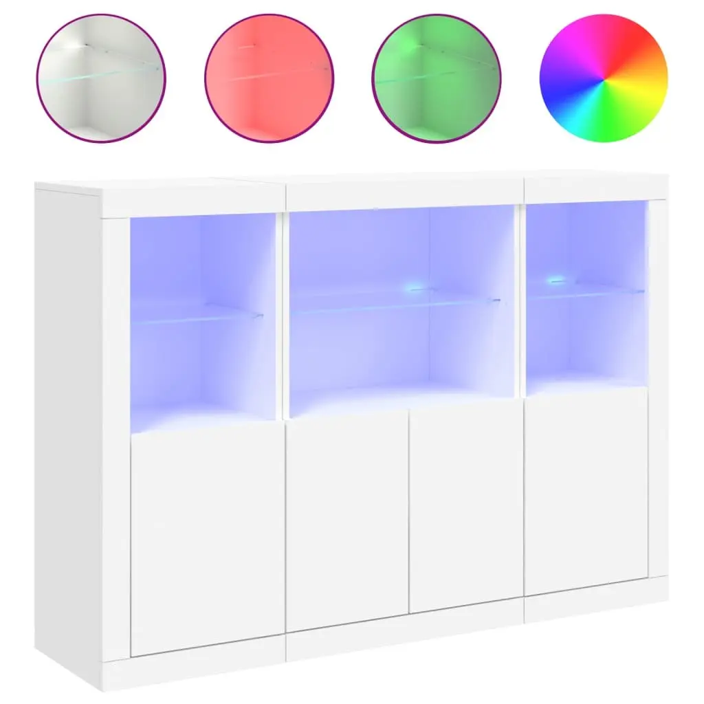 Sideboards RGB LED Lights 3 Pieces White Engineered Wood Storage Cabinet Buffet Furniture