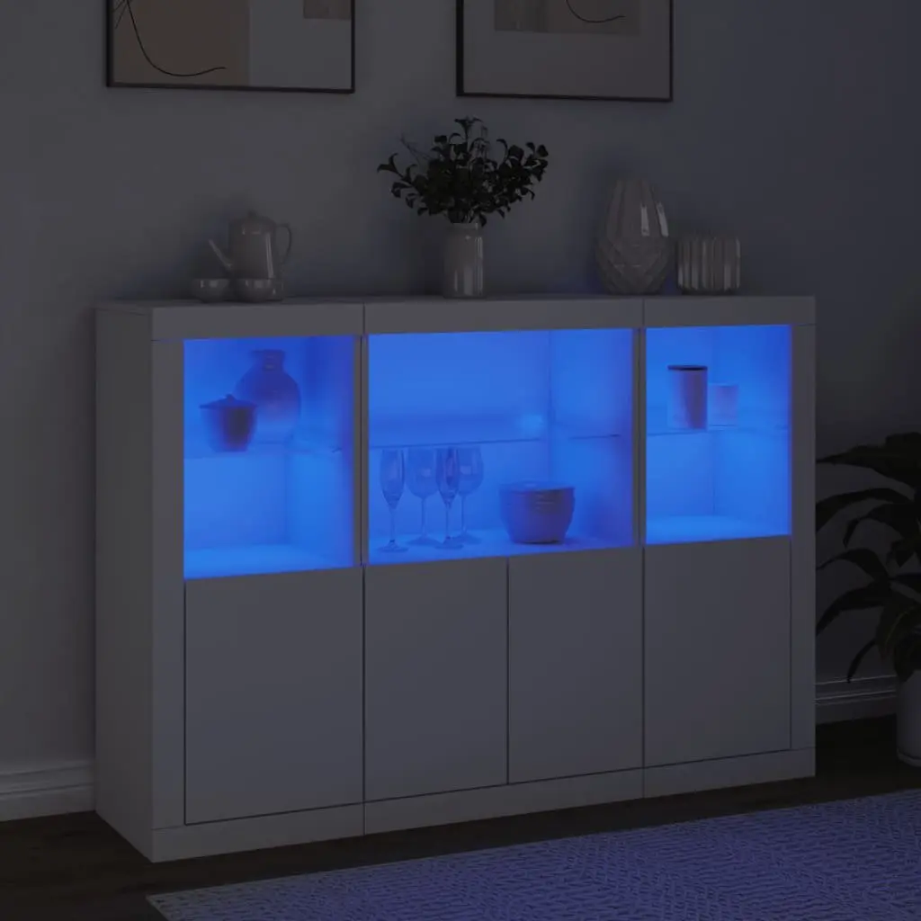 Sideboards RGB LED Lights 3 Pieces White Engineered Wood Storage Cabinet Buffet Furniture