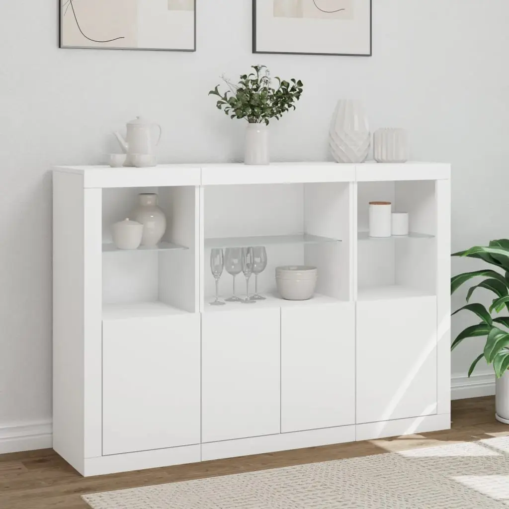 Sideboards RGB LED Lights 3 Pieces White Engineered Wood Storage Cabinet Buffet Furniture