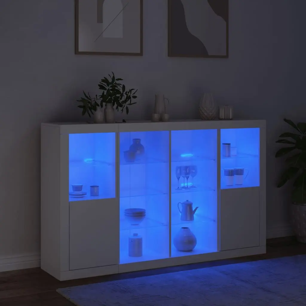 White Sideboards RGB LED Lights 3 Piece Set Storage Cabinets Engineered Wood