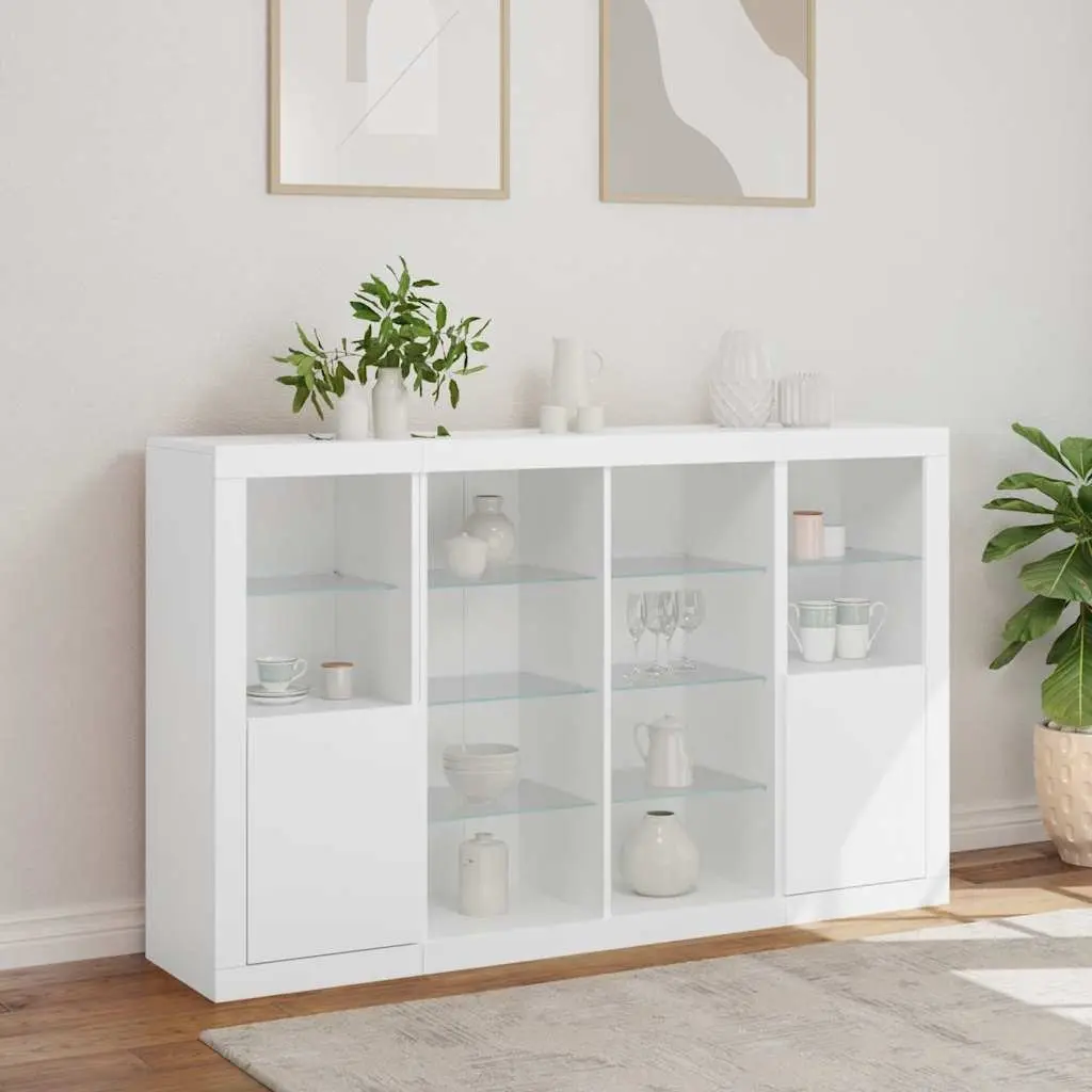 White Sideboards RGB LED Lights 3 Piece Set Storage Cabinets Engineered Wood