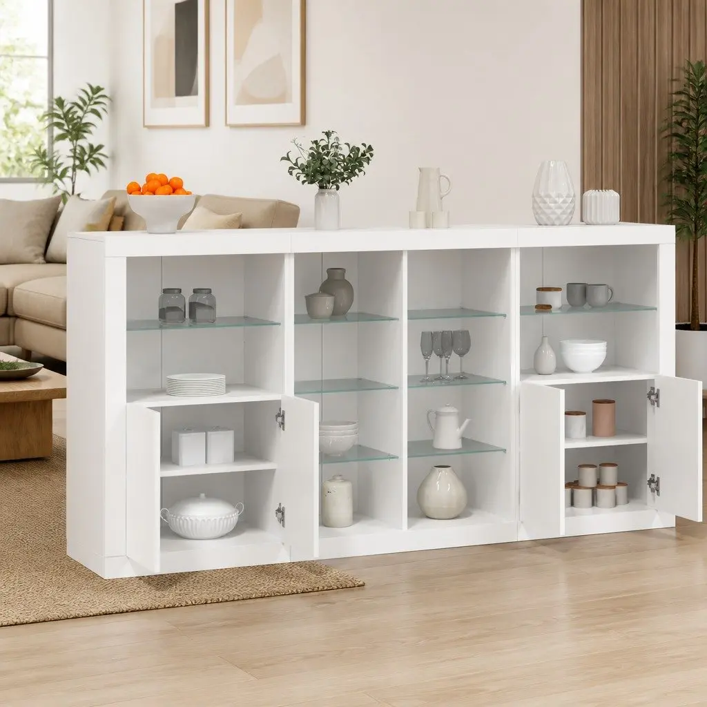 Sideboard Cabinet Modern White RGB LED Lights Storage Engineered Wood 202x37x100 cm