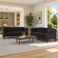 Elegant Black Velvet 2-Piece Sofa Set for Living Room