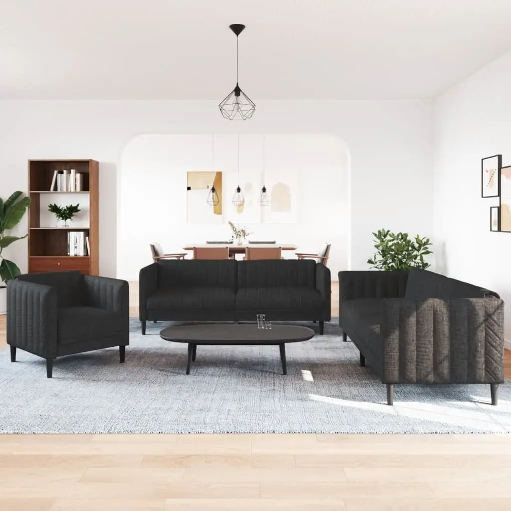 3 Piece Sofa Set Black Fabric Living Room Furniture Modern Comfortable Seating