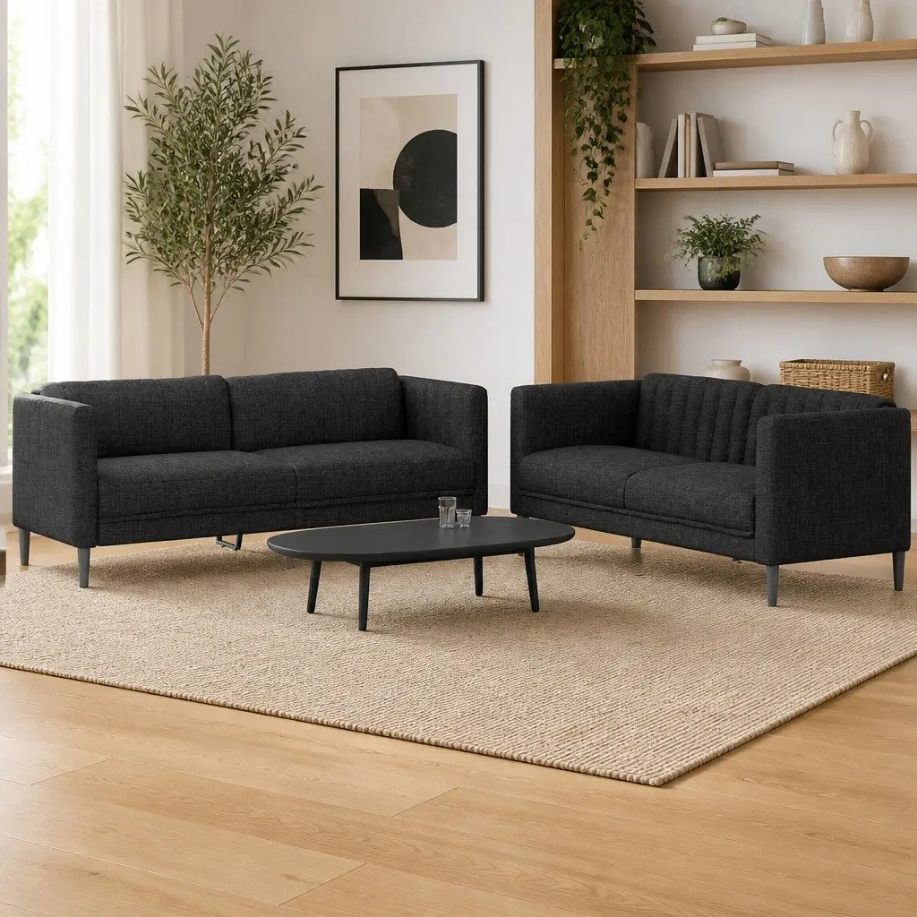 2 Piece Sofa Set Black Fabric Living Room Seating Modern Design Comfortable