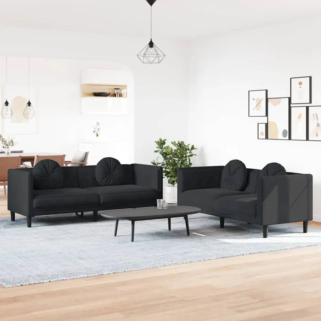 Black Velvet Upholstered Sofa Set 2 Piece Living Room Furniture