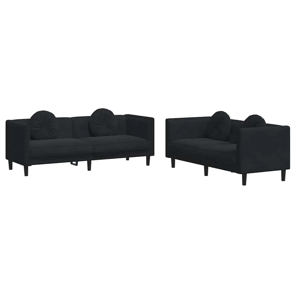 Black Velvet Upholstered Sofa Set 2 Piece Living Room Furniture