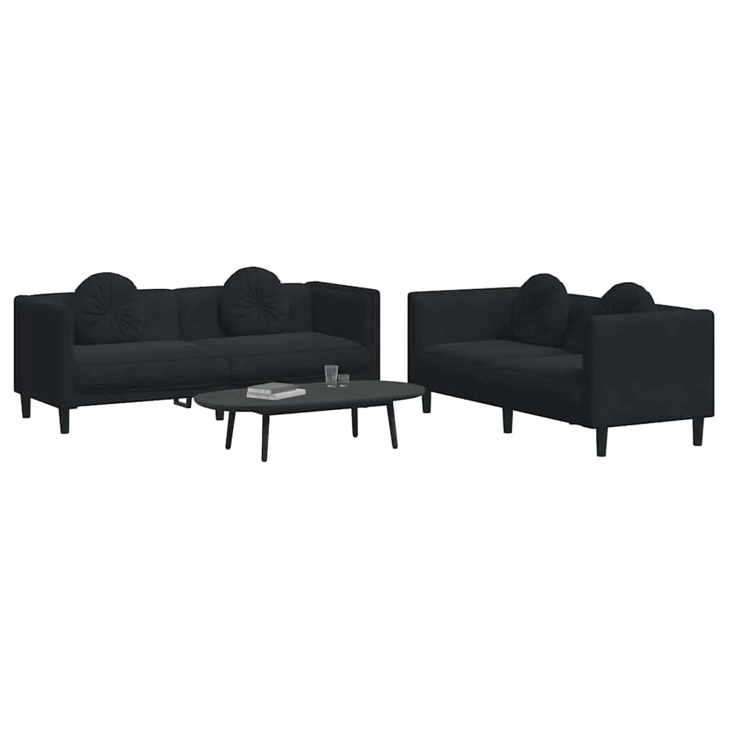 Black Velvet Upholstered Sofa Set 2 Piece Living Room Furniture