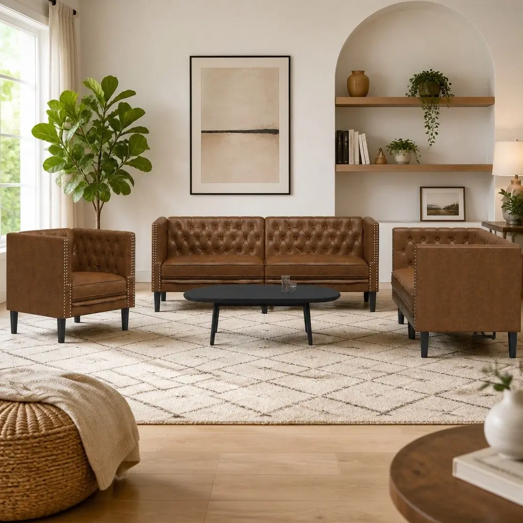 Chesterfield Sofa Set Brown Faux Suede 3 Piece Button Tufted Living Room