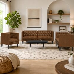 Chesterfield 3-Piece Sofa Set in Brown Faux Suede