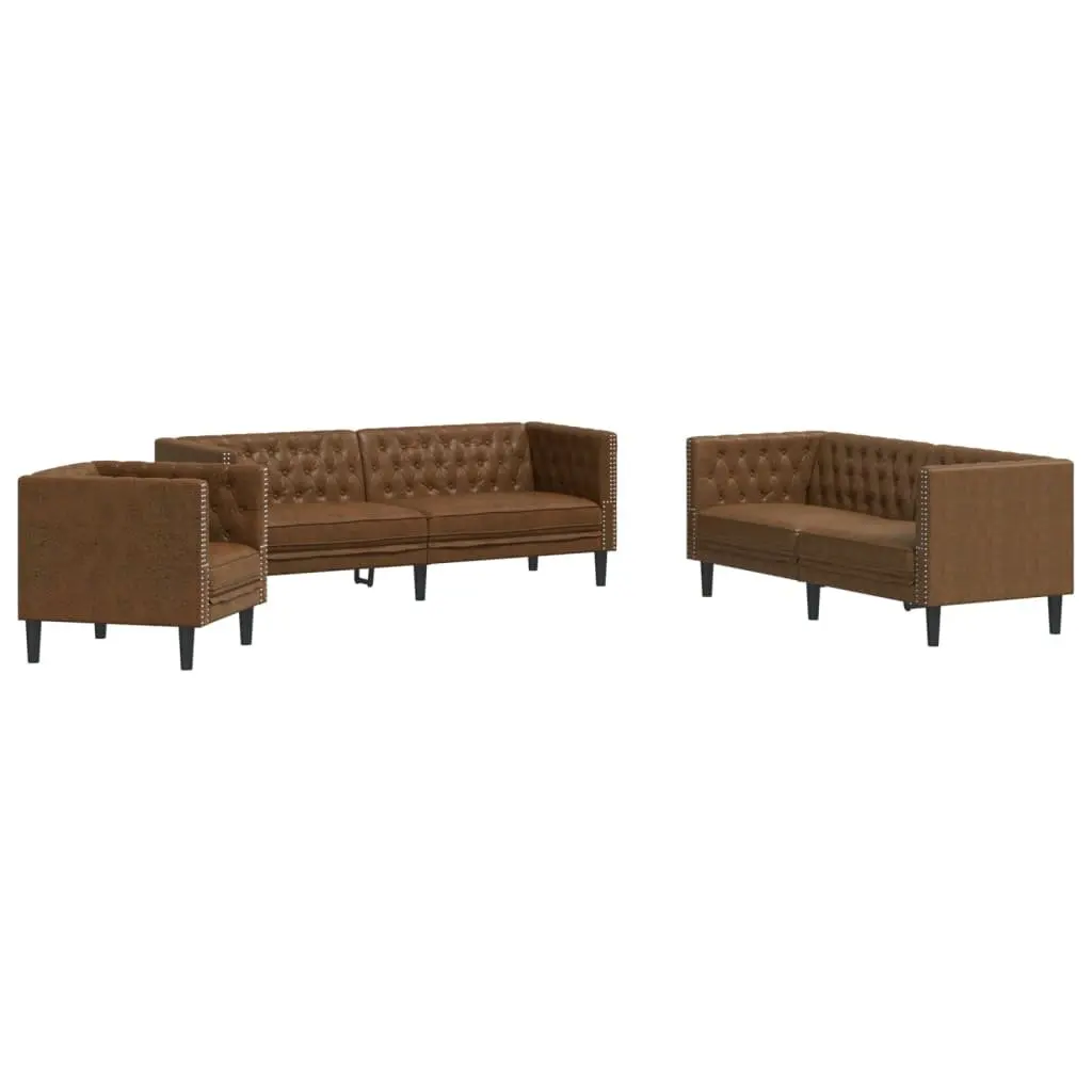 Chesterfield Sofa Set Brown Faux Suede 3 Piece Button Tufted Living Room