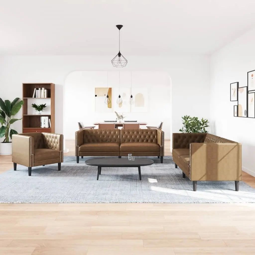 Chesterfield Sofa Set Brown Faux Suede 3 Piece Button Tufted Living Room