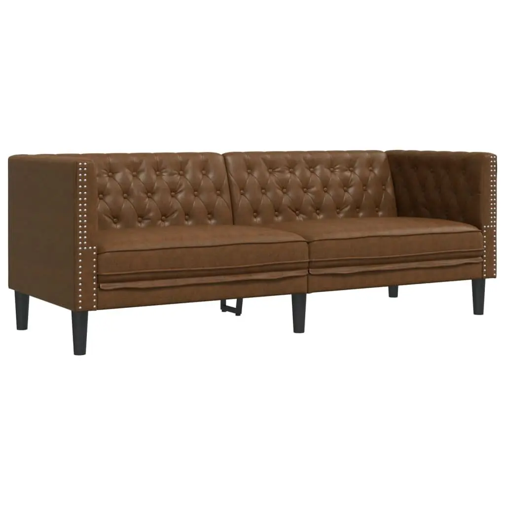 Chesterfield Sofa Set Brown Faux Suede 3 Piece Button Tufted Living Room