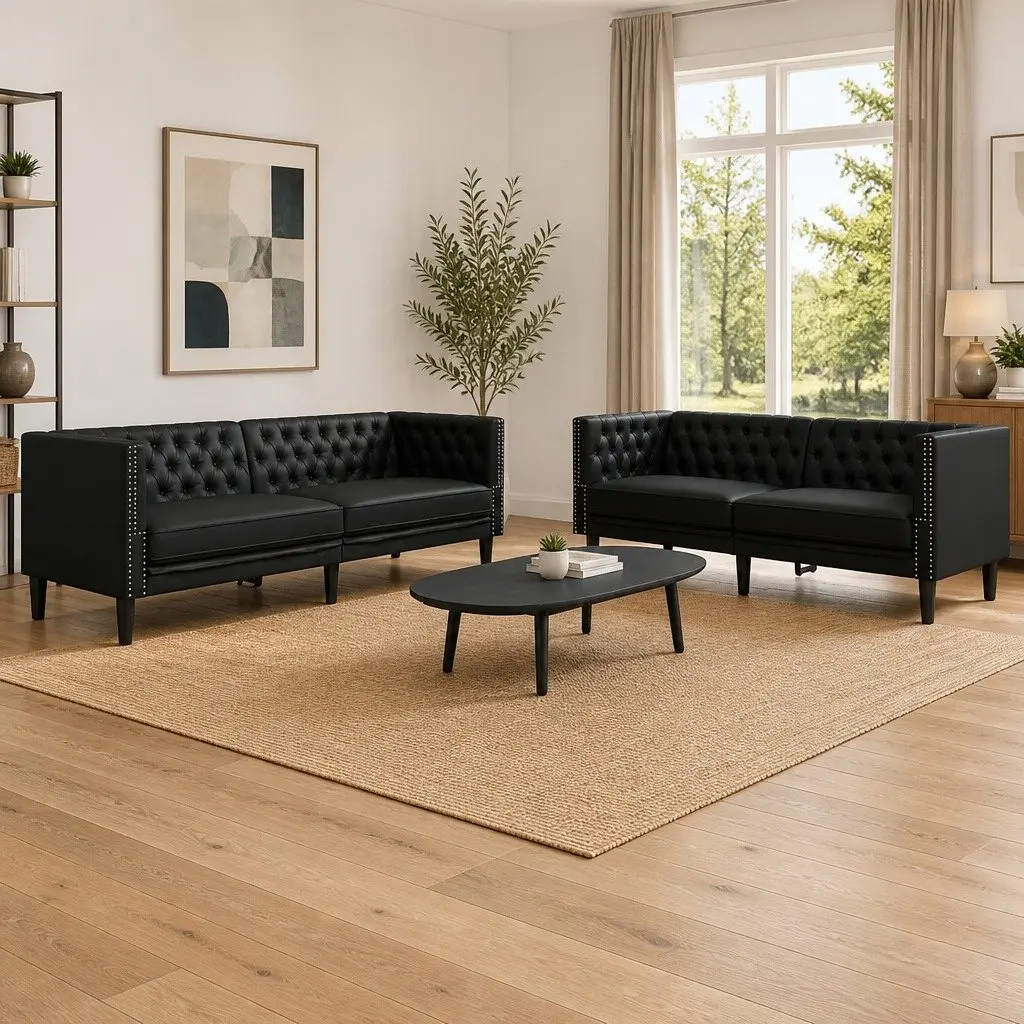 2 Piece Chesterfield Sofa Set Black Faux Leather Button Tufted