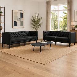 Chesterfield 2 Piece Sofa Set in Black Faux Leather