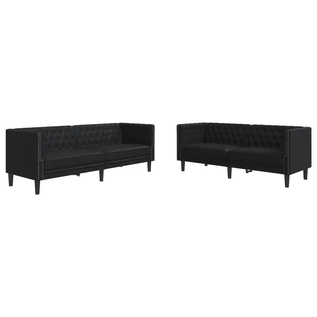 2 Piece Chesterfield Sofa Set Black Faux Leather Button Tufted