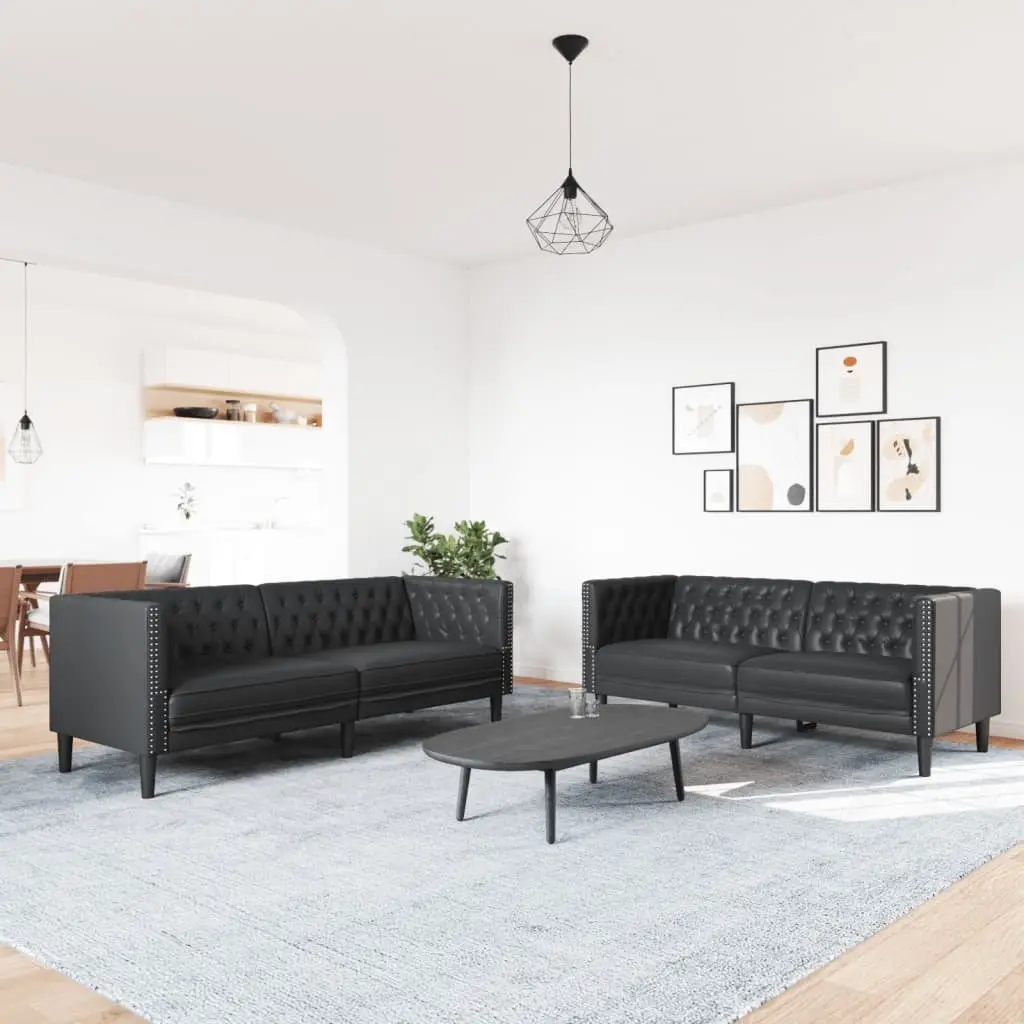2 Piece Chesterfield Sofa Set Black Faux Leather Button Tufted