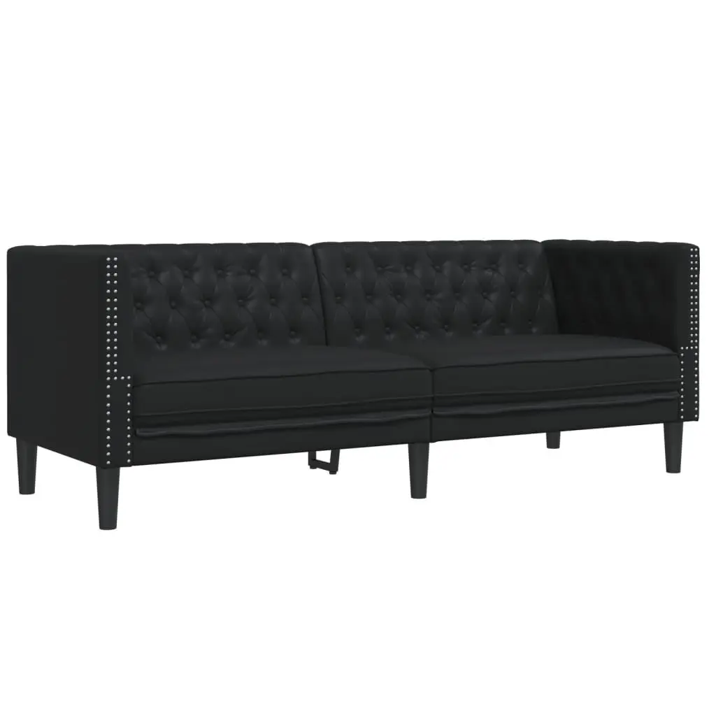 2 Piece Chesterfield Sofa Set Black Faux Leather Button Tufted
