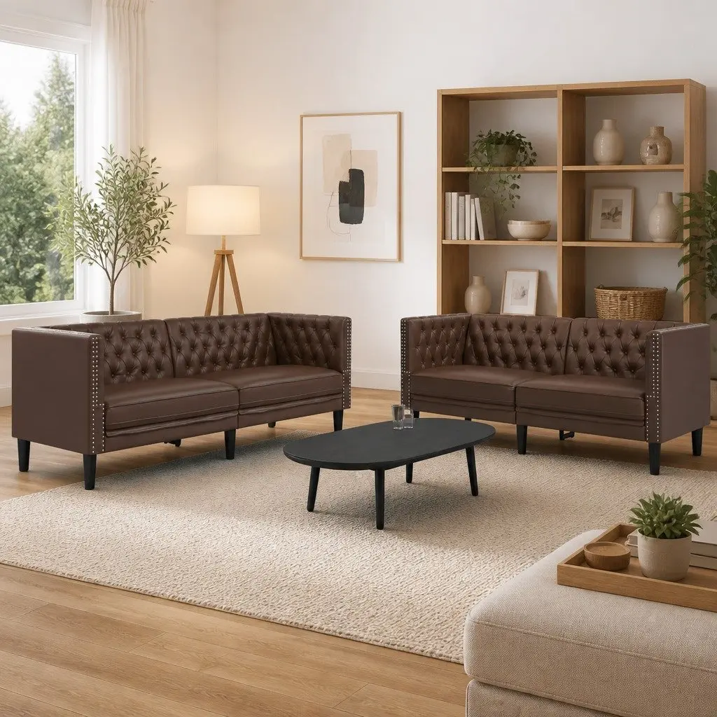Chesterfield Sofa Set Brown Button Tufted 2 Piece Faux Leather