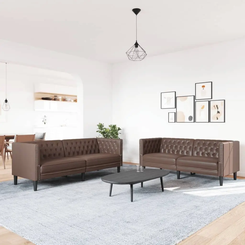 Chesterfield Sofa Set Brown Button Tufted 2 Piece Faux Leather
