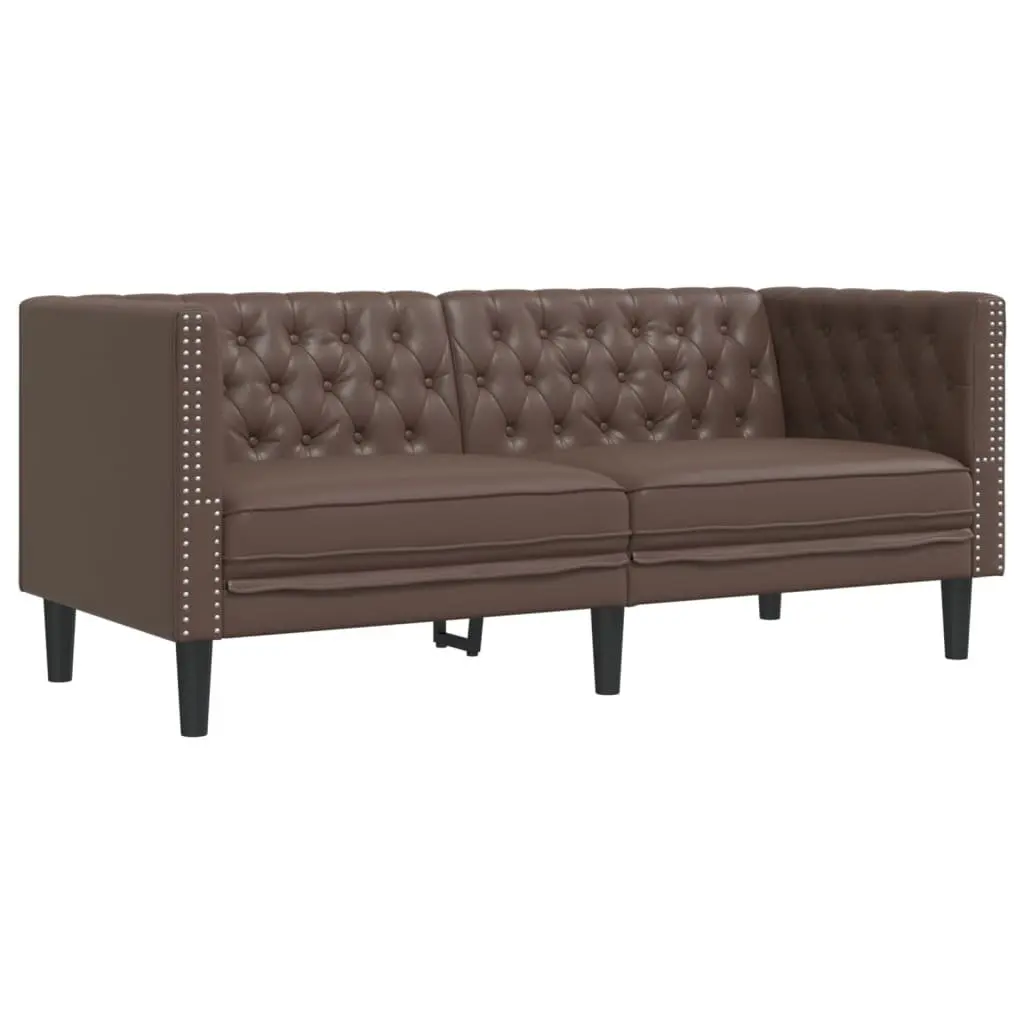 Chesterfield Sofa Set Brown Button Tufted 2 Piece Faux Leather