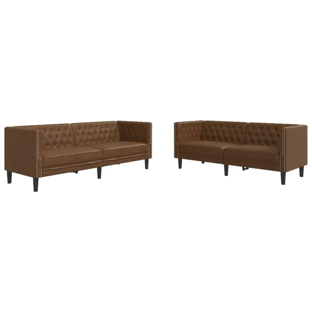 Chesterfield Sofa Set Brown Button Tufted 2 Piece Faux Suede Leather