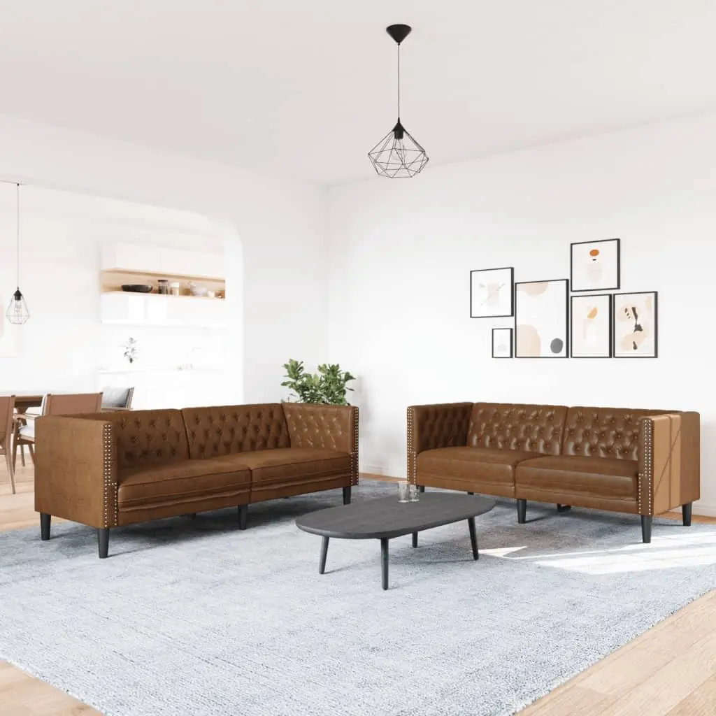 Chesterfield Sofa Set Brown Button Tufted 2 Piece Faux Suede Leather