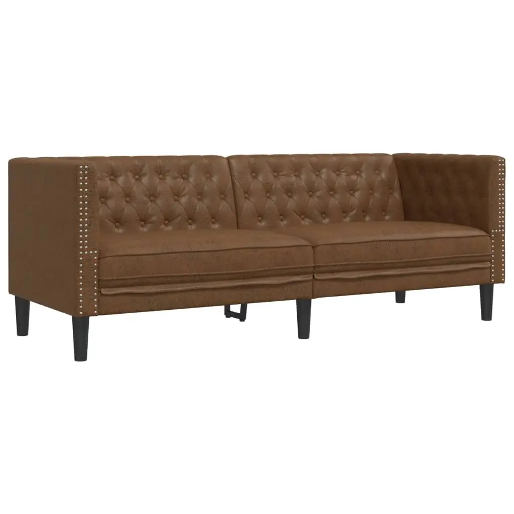 Chesterfield Sofa Set Brown Button Tufted 2 Piece Faux Suede Leather