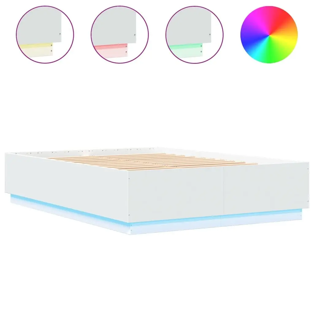 Bed Frame White 150x200 cm Engineered Wood with RGB LED Lights Slatted Base