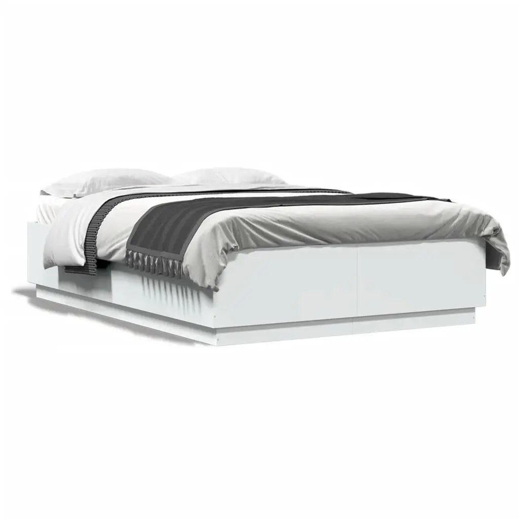 Bed Frame White 150x200 cm Engineered Wood with RGB LED Lights Slatted Base
