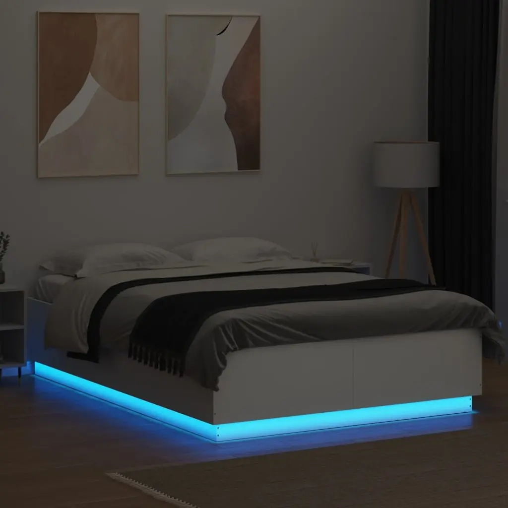 Bed Frame White 150x200 cm Engineered Wood with RGB LED Lights Slatted Base