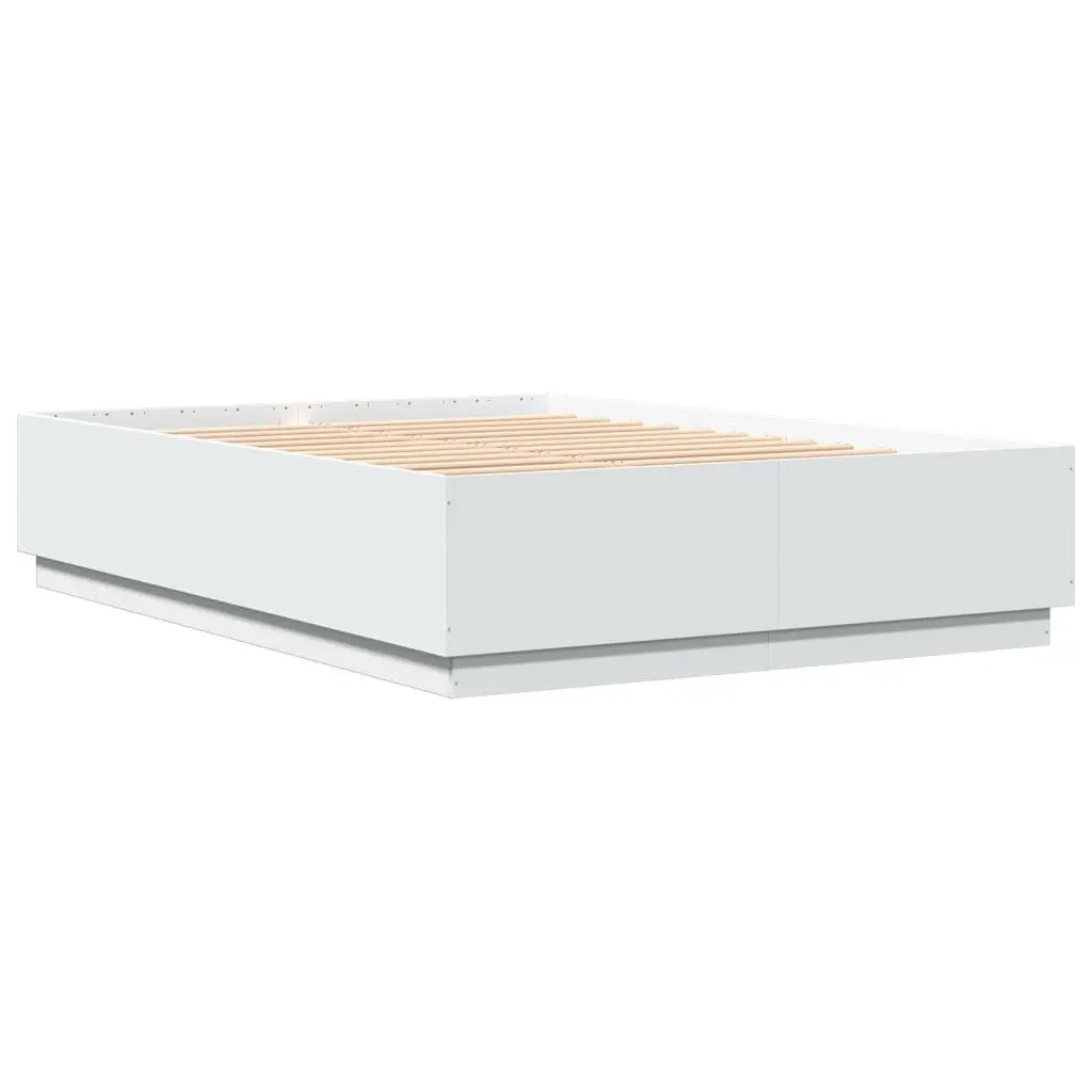 Bed Frame White 150x200 cm Engineered Wood with RGB LED Lights Slatted Base
