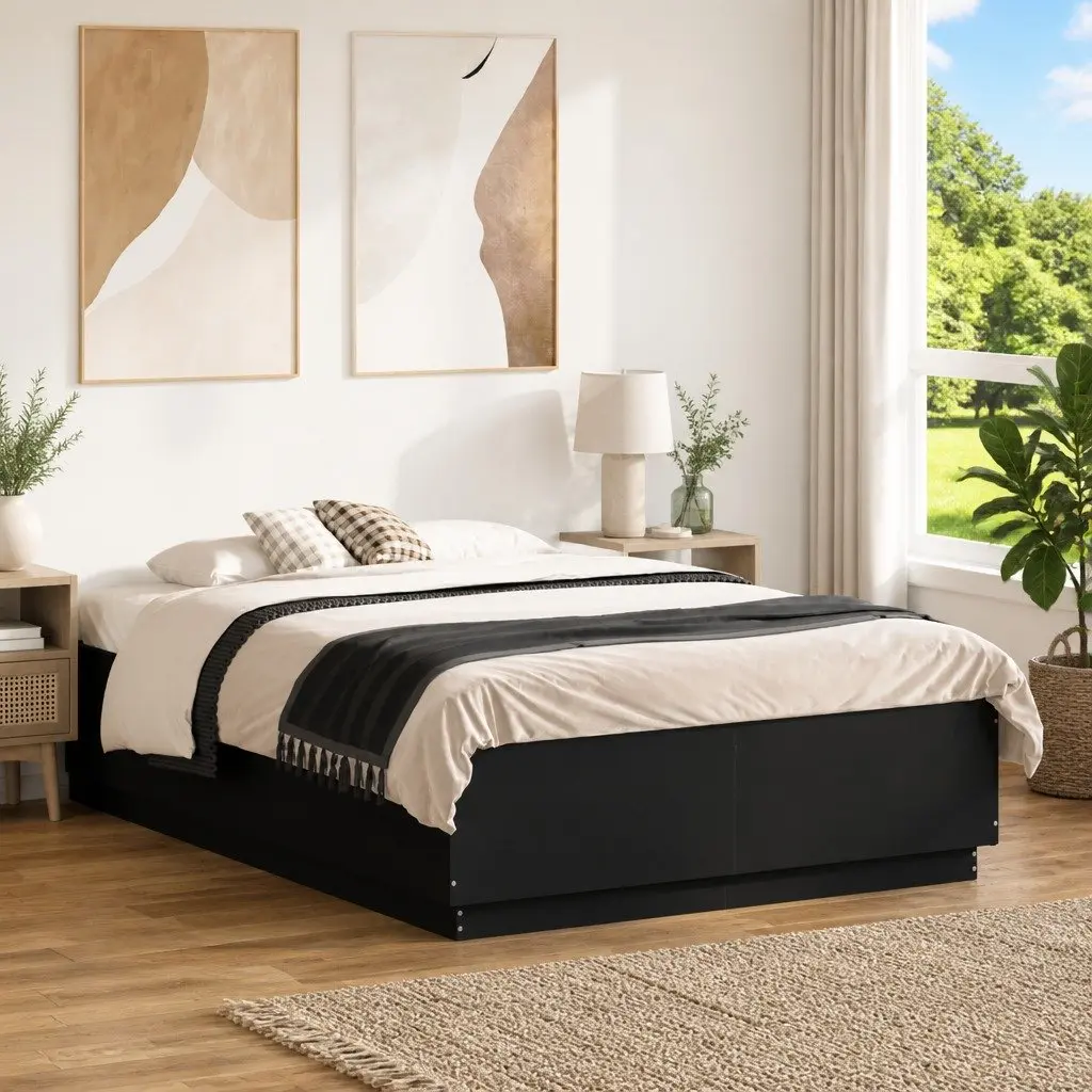 Bed Frame RGB LED Lights Slatted Base Black 135x190 cm Engineered Wood