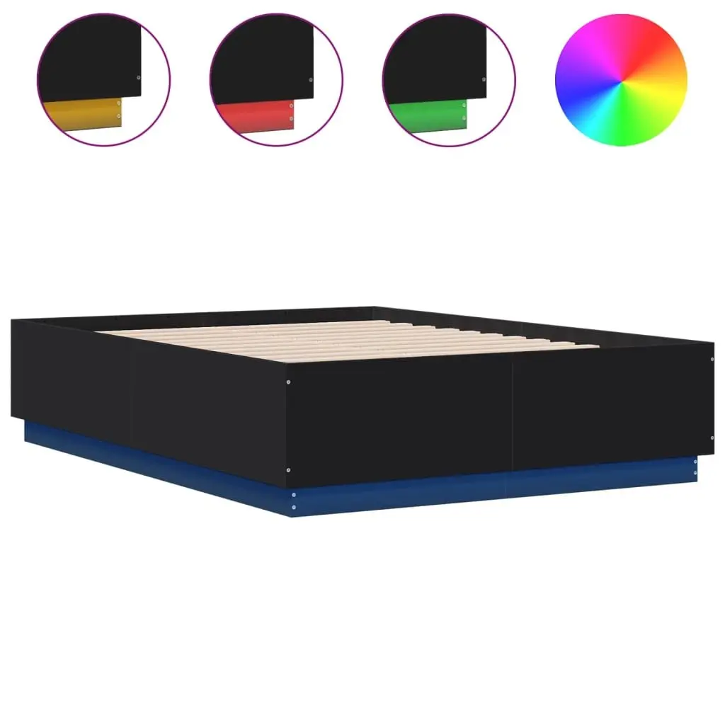 Bed Frame RGB LED Lights Slatted Base Black 135x190 cm Engineered Wood
