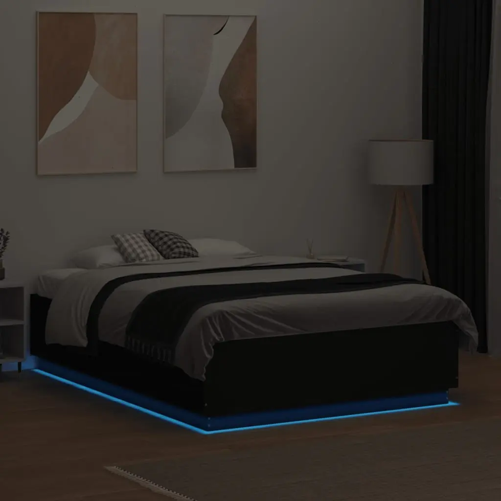 Bed Frame RGB LED Lights Slatted Base Black 135x190 cm Engineered Wood