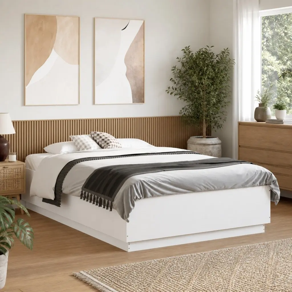 White Bed Frame 135x190 cm Modern Engineered Wood