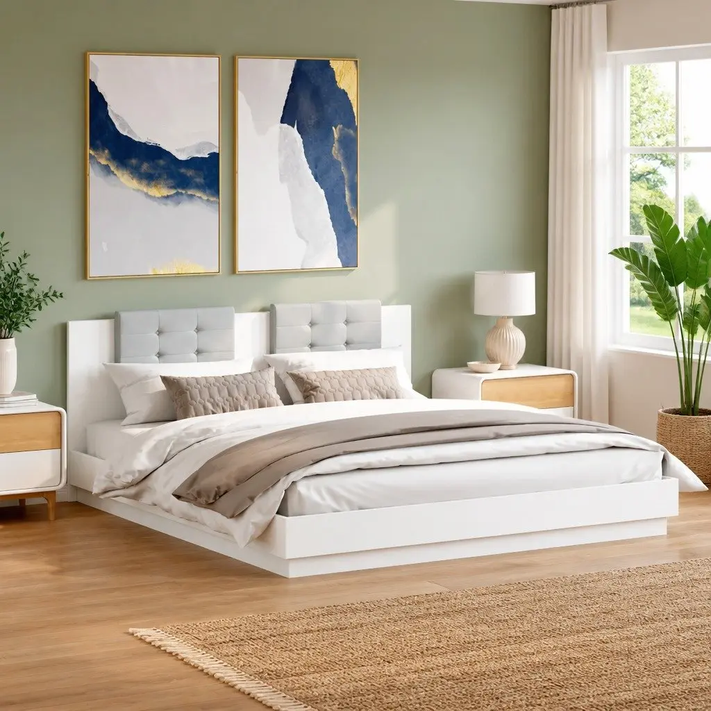 King Bed Frame White 183x203 cm Engineered Wood Plywood Slats