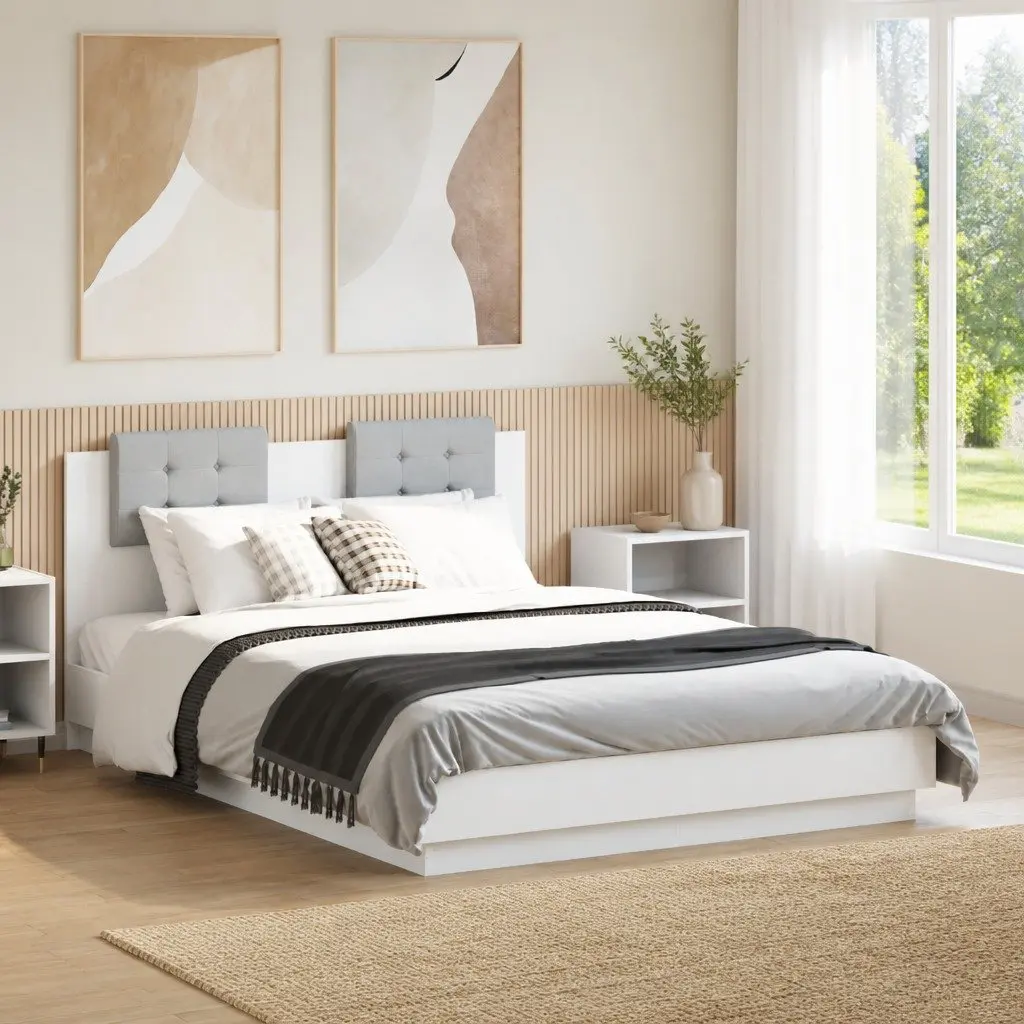 White Bed Frame with Headboard 135x190 cm Engineered Wood Slatted Base