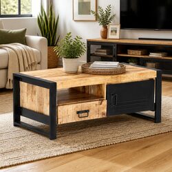 Warm Industrial Coffee Table with Storage 100x50x40cm