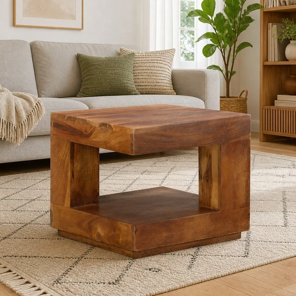 Solid Acacia Wood Coffee Table with Storage Shelf