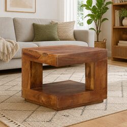 Solid Acacia Wood Coffee Table with Storage Shelf