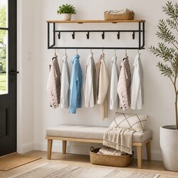 Wooden Peg Coat Rack with Shelf and 6 Hooks in Brown